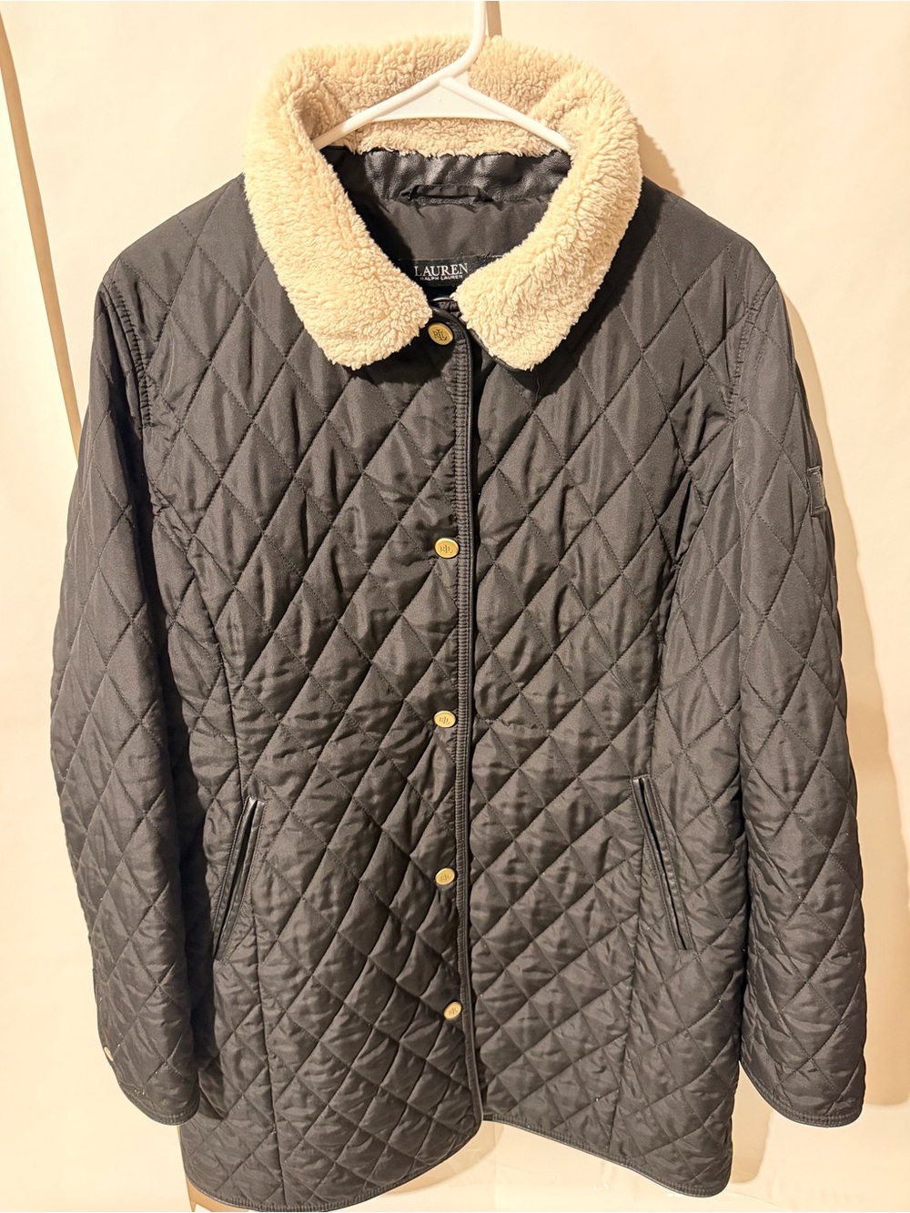 Ralph Lauren Black Quilted Coat with Cream Sherpa Collar